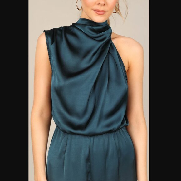 💋PRICE DROP💋 Petal & Pup Savannah Peacock Teal Satin One Shoulder Jumpsuit XL 🦚 - Picture 2 of 12
